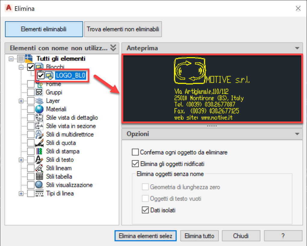 Anteprima Elementi AutoCAD da eliminare