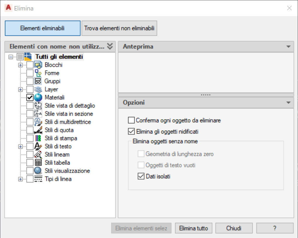 AutoCAD Oggetti Eliminabili e Non Eliminabili