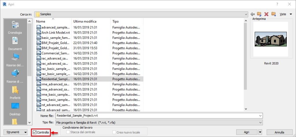 Eseguire il Controllo del Progetto Revit - Finestra di Dialogo Apri
