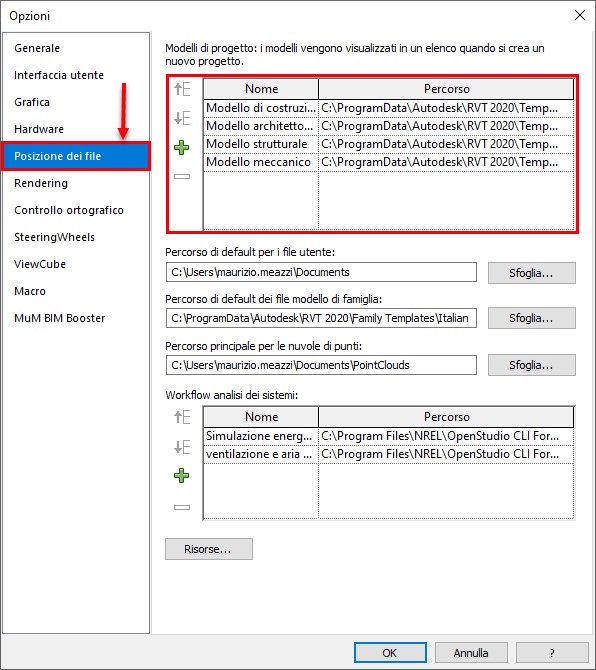 Personalizzare l’Elenco dei Modelli Revit - Finestra di Opzioni