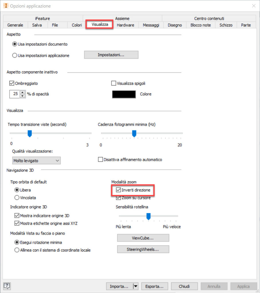 Come Invertire lo Zoom in Inventor - Inverti Direzione