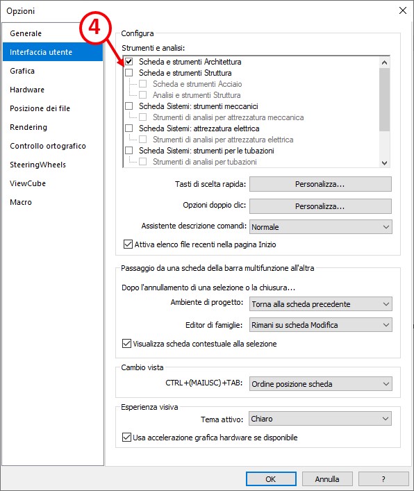 Deselezionare Schede di Comando Revit non in uso