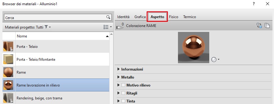 Modificare le Proprietà dei Materiali Risorsa Materiale Aspetto