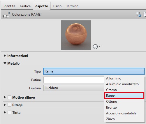 Scheda Aspetto Revit Proprietà Metallo