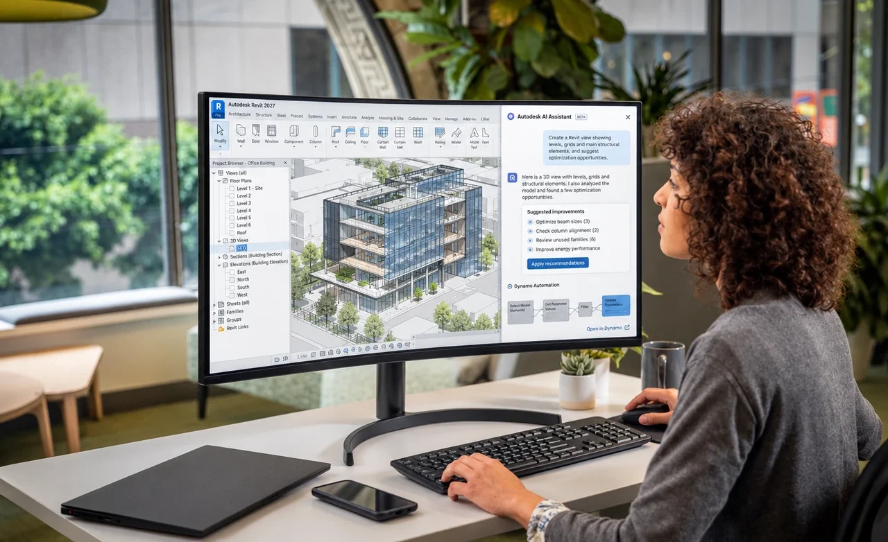 Progettista al lavoro con Autodesk Revit 2027 e strumenti di intelligenza artificiale applicati al BIM