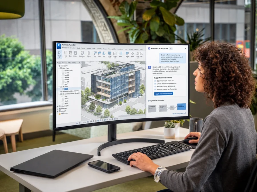 Progettista al lavoro con Autodesk Revit 2027 e strumenti di intelligenza artificiale applicati al BIM