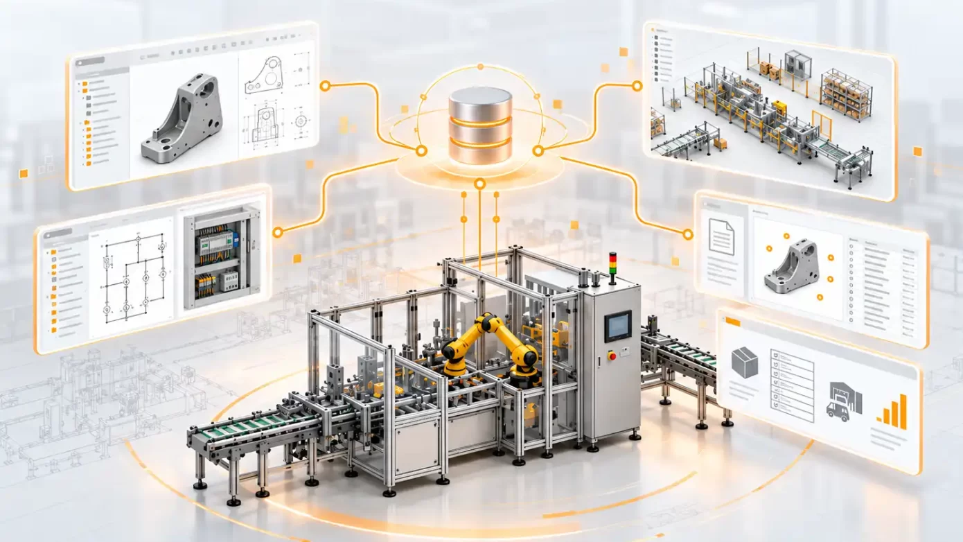 Linea di automazione industriale connessa ai dati di progettazione CAD, layout produttivi e documentazione tecnica