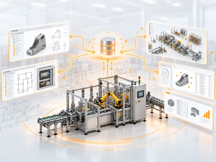 Linea di automazione industriale connessa ai dati di progettazione CAD, layout produttivi e documentazione tecnica